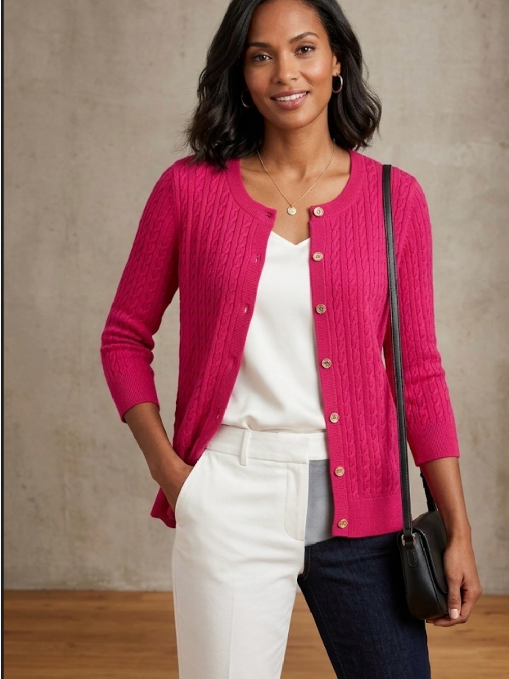 Talbots Cable-Knit Button Cardigan in Bright Pink